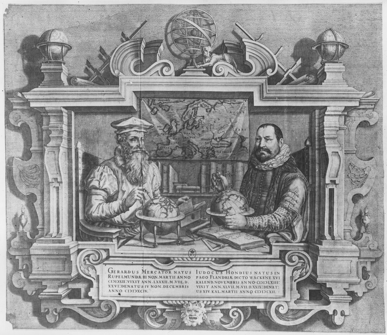 Dubbelporträtt av Gerard Mercator (1512-94) och Jodocus Hondius (1563-1612) graverade för att inkluderas i Mercator och Hondius serier av atlaser, 1619 (se även 10457 och 30866) av Flemish School