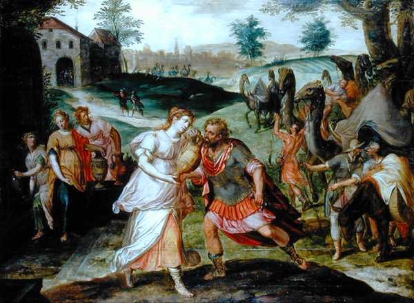 Eliezer och Rebecca vid brunnen, ca 1580 (olja på panel) av Flemish School