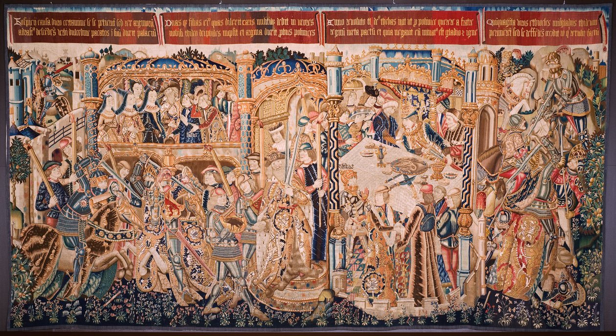 flamländsk gobeläng. Serien The History of Thebe (De geschiedenis van Thebe-La Historia de Tebas): Tidio and Polyneses (Tideus en Polineikes, Tidio y Polineces). Ca 1490-1500. av Flemish School