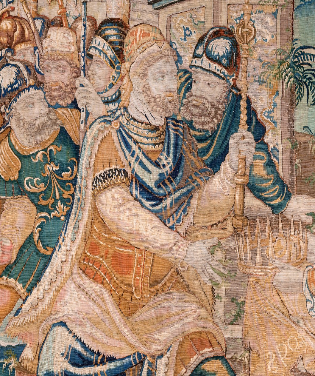 flamländsk gobeläng. Alexander erbjuds en krona (Alexander erbjuds en krona). Atelier i Oudenaarde. 384x316 cm. Inv (83024)-5 / 00009. 1600-talet. av Flemish School
