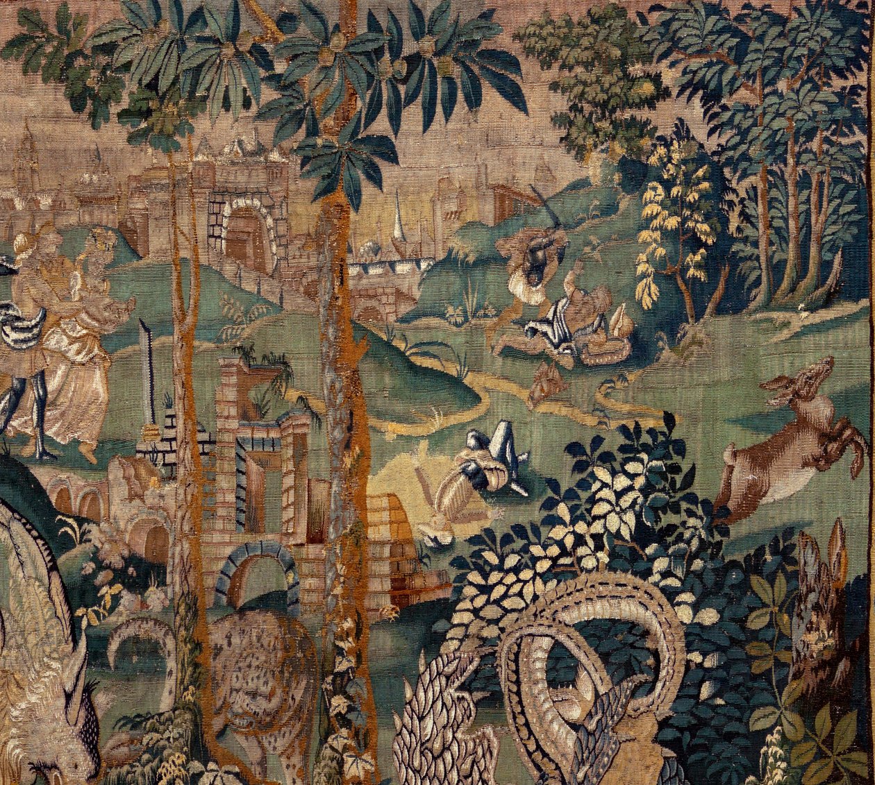 flamländsk gobeläng. Landskap med pergola och stora bestar, med 2 kolumner. Atelier i Oudenaarde. 319x508cm. Inv 0023. 1600-talet. av Flemish School