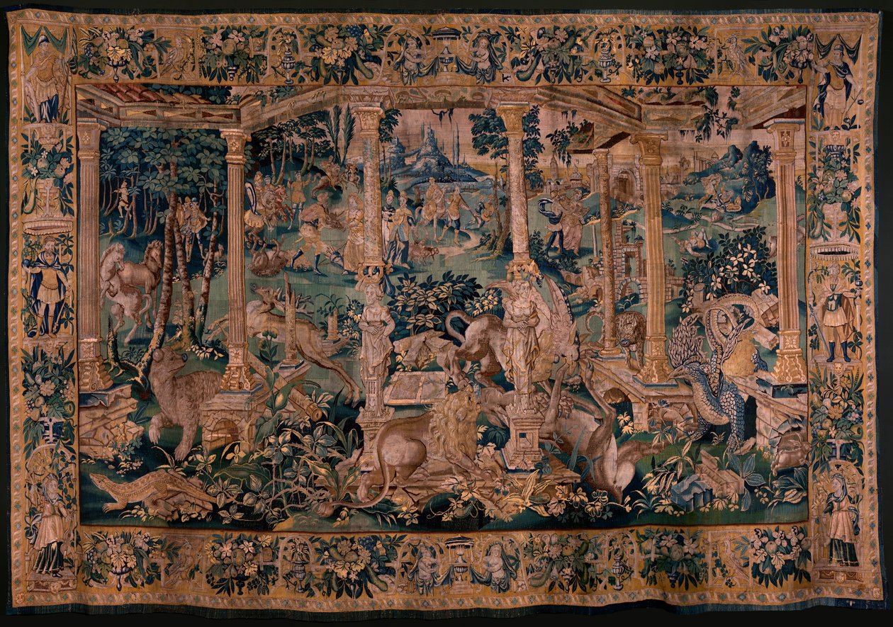 flamländsk gobeläng. Landskap med pergola och stora djur. Version med omfattande pergola. Atelier i Oudenaarde. 340x498 cm. Inv 00023. 1600-talet. av Flemish School