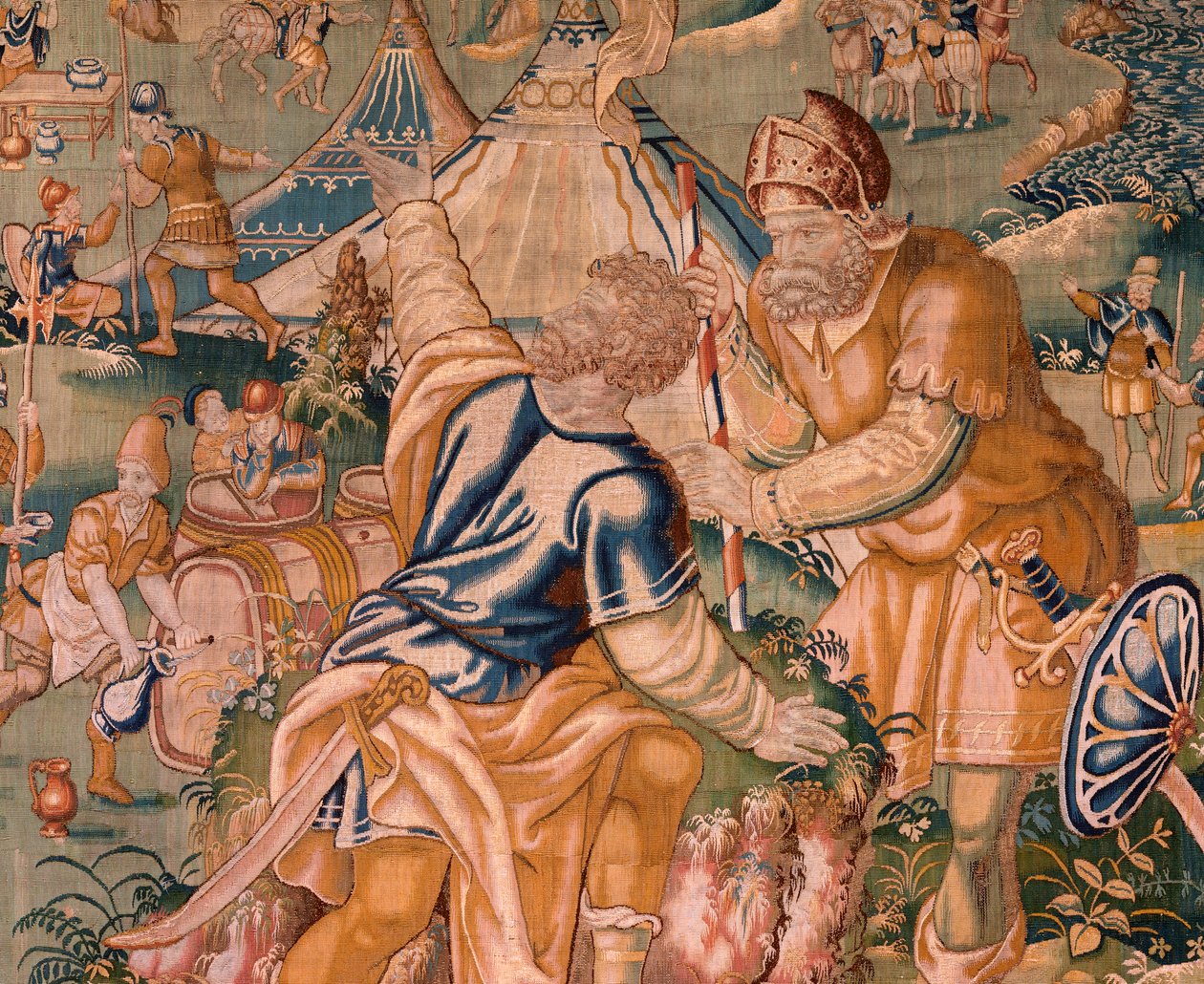 flamländsk gobeläng. Militärläger nära floden Granikos. Studio i Oudenaarde. 377x393 cm. Inv 83104-9 /00011. 1600-talet. av Flemish School