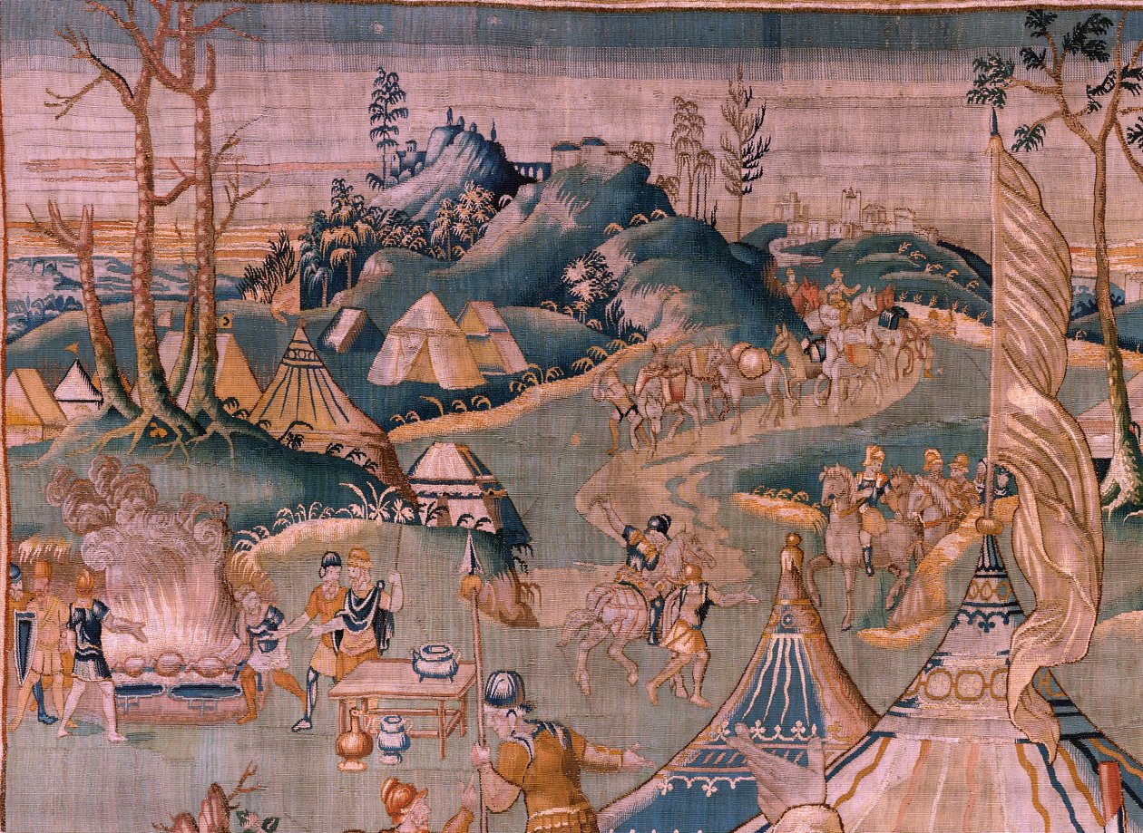 flamländsk gobeläng. Militärläger nära floden Granikos. Studio i Oudenaarde. 377x393 cm. Inv 83104-9 /00011. 1600-talet. av Flemish School