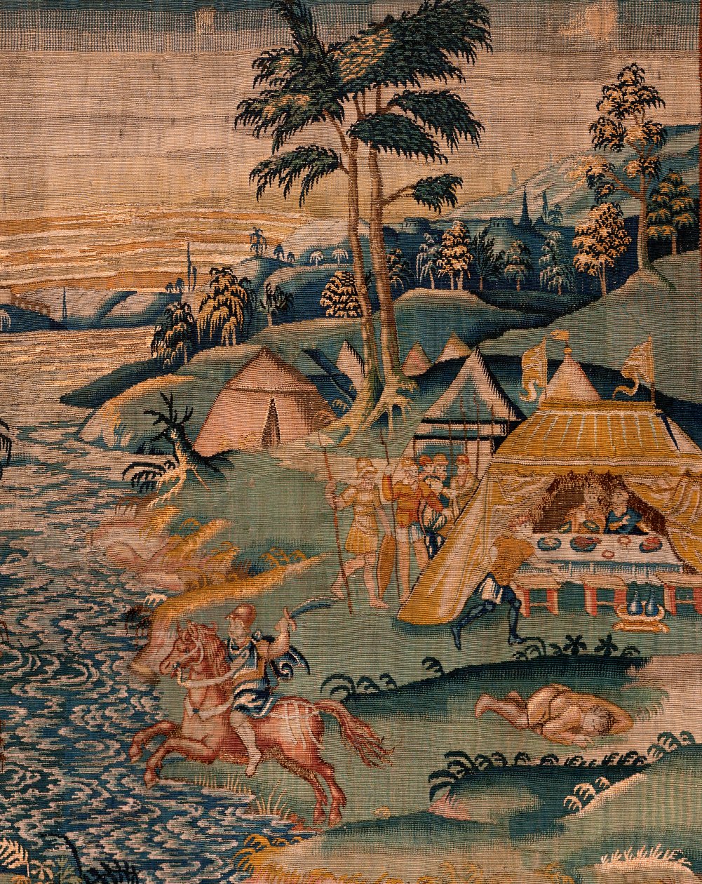 flamländsk gobeläng. Militärläger nära floden Granikos. Atelier i Oudenaarde. 377x393 cm. Inv 83104-9 /00011. 1600-talet. av Flemish School