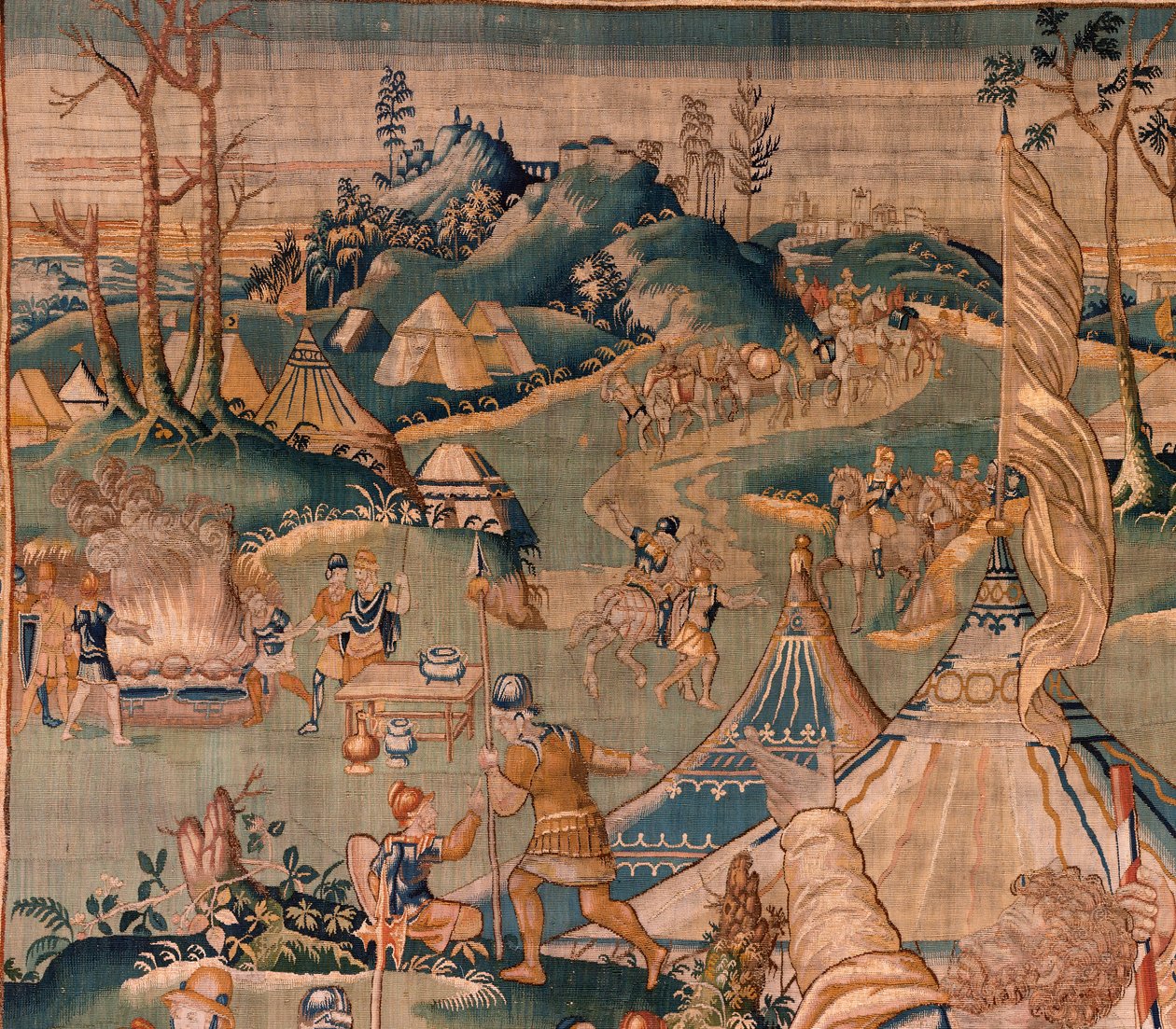 flamländsk gobeläng. Militärläger nära floden Granikos. Studio i Oudenaarde. 377x393 cm. Inv 83104-9 /00011. 1600-talet. av Flemish School