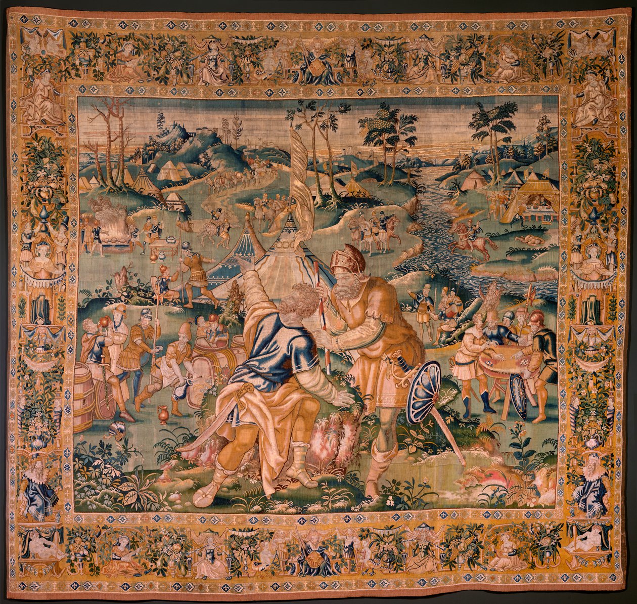 flamländsk gobeläng. Militärläger nära floden Granikos. Atelier i Oudenaarde. 377x393 cm. Inv 83104-9 /00011. 1600-talet. av Flemish School