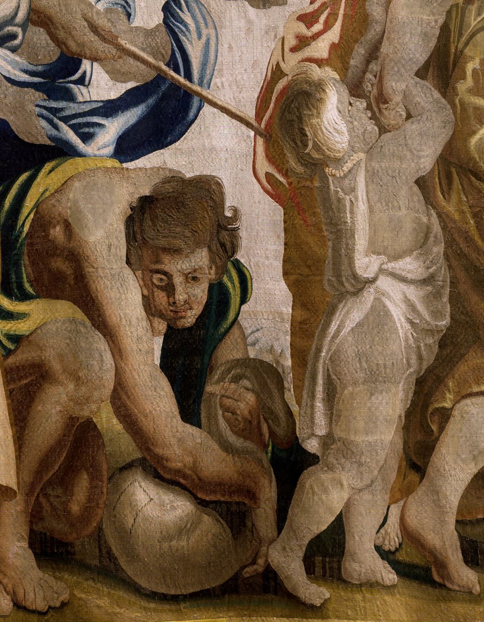 flamländsk gobeläng. Serien Apoteos av nattvarden. Skörda manna (Recogida del maná). Model Cartoon kopierad från ett original av Rubens. Bryssel tillverkning. Tillverkning av Frans van den Hecke. Mitten av 1600-talet. Tyg Siden och ull, 7/8 varp per cm. av Flemish School