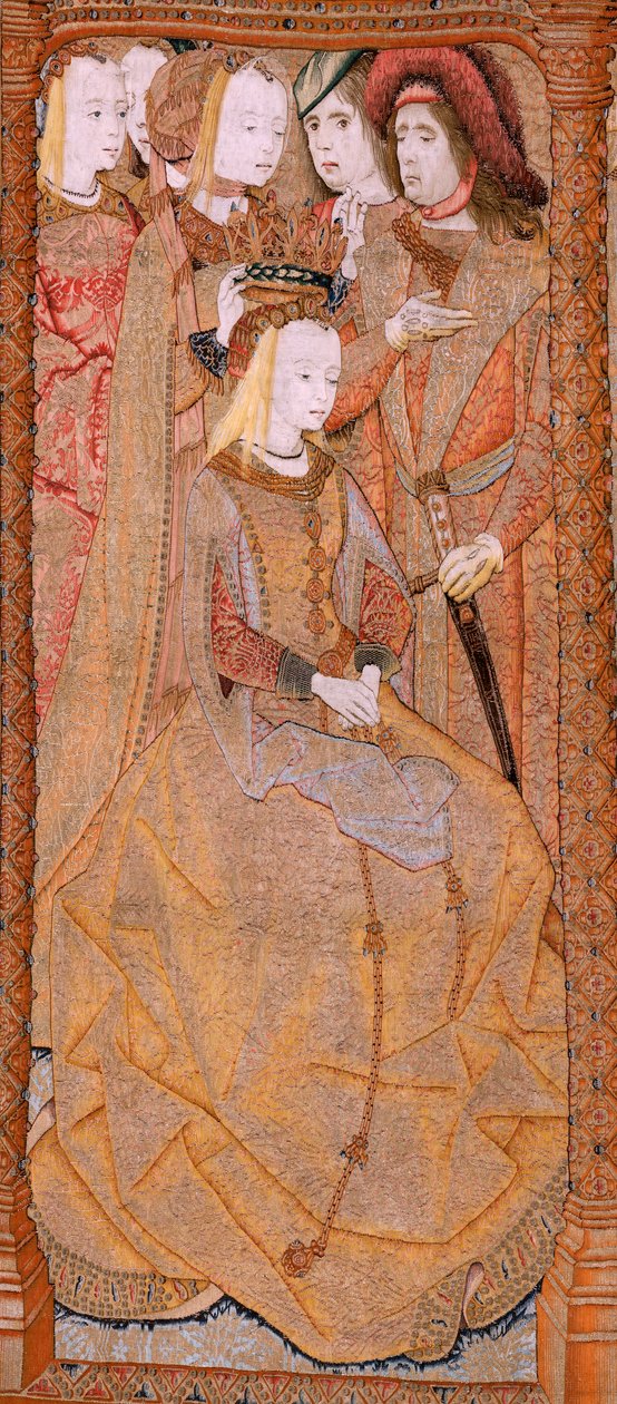 flamländsk gobeläng. Serie Devotion of Our Lady eller gyllene dukar. Jungfruns kröning (La Coronación de la Virgen). Fjärde gobelängen i serien. Modelltecknare från Colyn de Coters krets. Tillverkning Pieter van Aelst, Bryssel. Ca 1500-15 av Flemish School