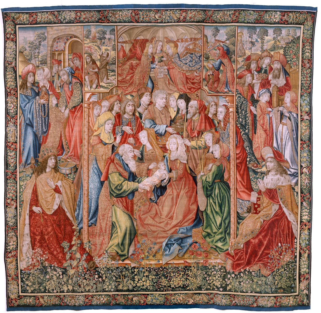 flamländsk gobeläng. Serieavsnitt från Jungfruns liv; Presentation vid templet (Presentación en el Templo). Andra gobeläng i serien. Modeller tillskrivna Jan van Roome (eller van Brussel). Tillverkning Pieter van Aelst, Bryssel. Ca 1502-1504. av Flemish School