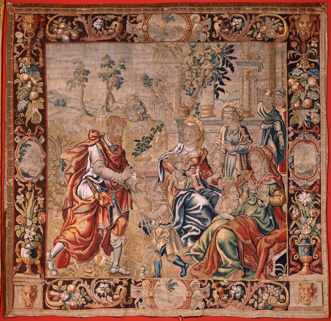 flamländsk gobeläng. Serien Esau och Jakob. Jakob samlar sina fruar innan han flyr till Kanaan (Jakob samlar sina fruar innan han flyr till Kanaans land). Första gobelängen i serien. Tillverkning Nederländerna, andra hälften av 1500-talet. Tyg av Flemish School