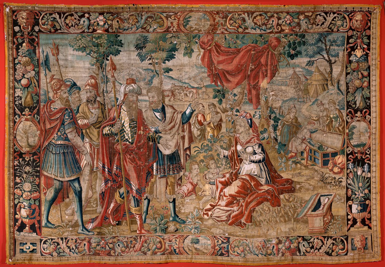 flamländsk gobeläng. Serien Esau och Jakob. Laban letar efter de stulna idolerna. Andra gobeläng i serien. Tillverkar Nederländerna. Andra hälften av 1500-talet. Ull tyg. Plats Church of Saint Nicholas ( Bari ) av Flemish School