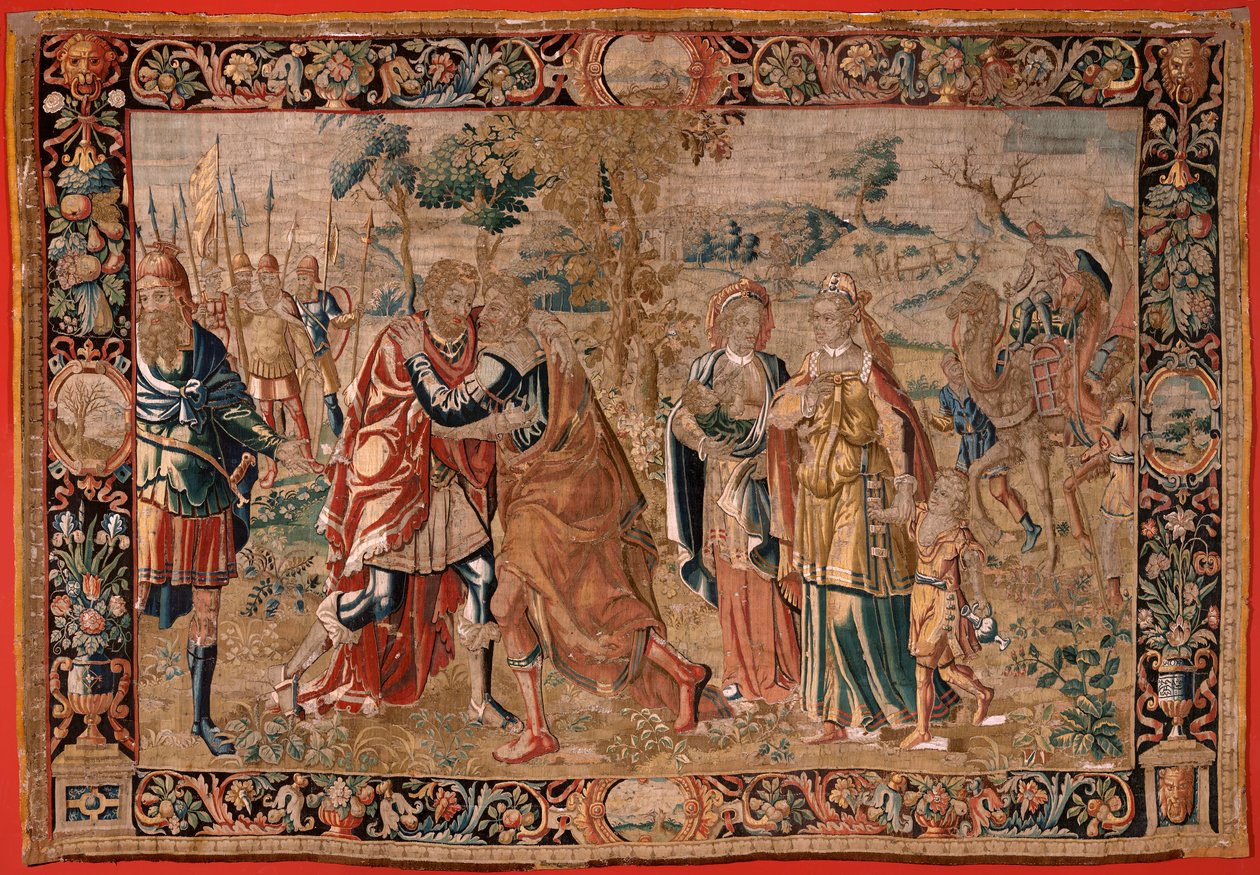 flamländsk gobeläng. Serien Esau och . Möte mellan Jakob och Esau (Encuentro entre Jacob y Esaú). Tredje tapeten i serien. Tillverkning Nederländerna, andra hälften av 1500-talet. Tyg Ull. Plats Church of Saint Nicholas of Bari (museet öppnat av Flemish School