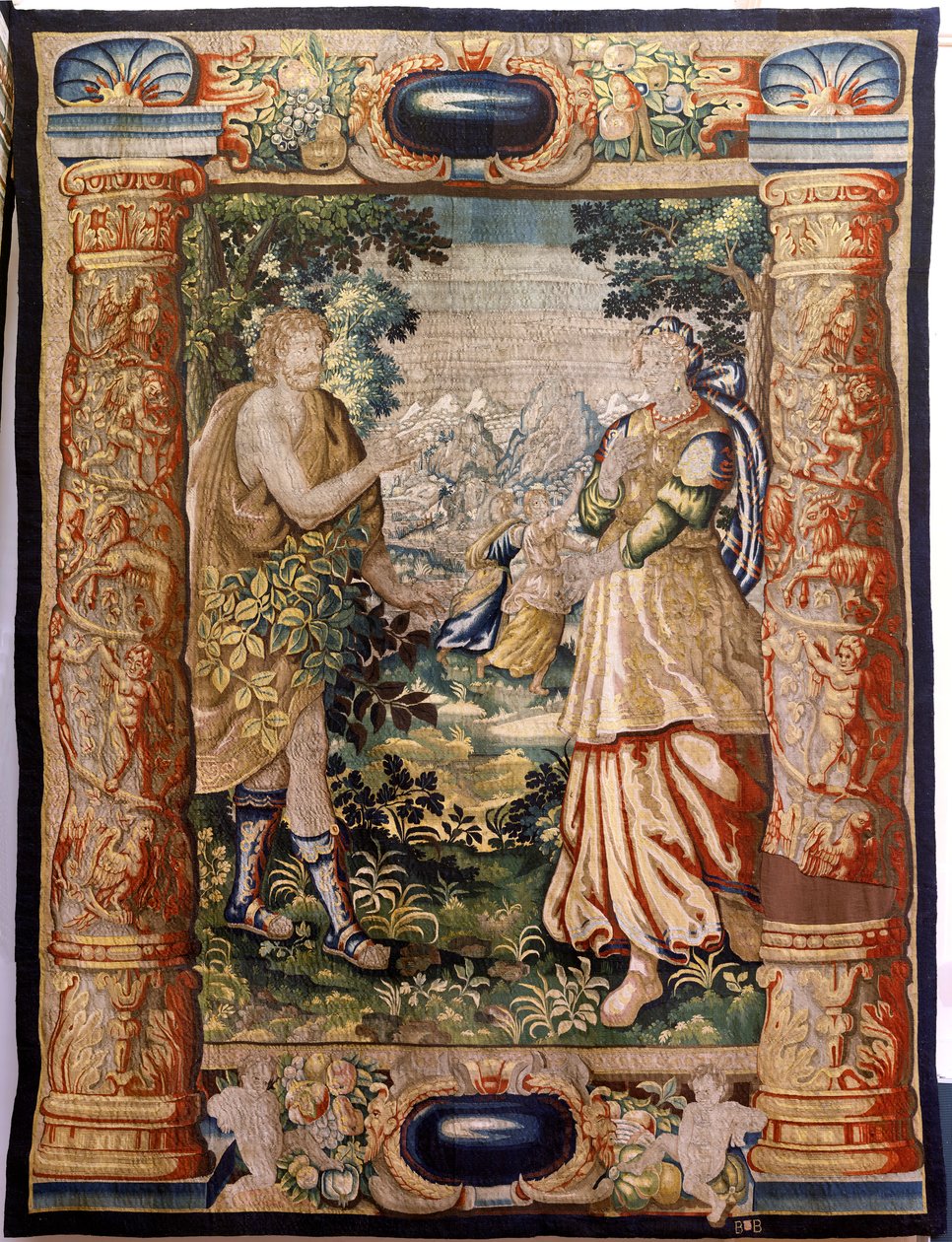 flamländsk gobeläng. Serie Gallantry (Galante). Galant scen (Escena galante). Tillverkning Bryssel, tidigt 1600-tal. Tyg Siden och ull, 5/6 varp per cm. Storlek 348 x 263 cm. Plats Kyrkan San Millán de la Cogolla, Oncala (Soria). Ursprung En donation av Flemish School