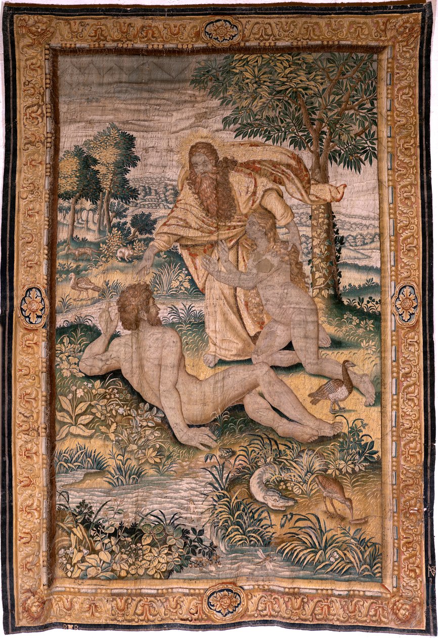 flamländsk gobeläng. Serien Genesis eller The Creation Man. Gud skapar kvinnan och introducerar henne för Adam (Dios crea a la mujer y la presenta a Adán). Modell baserad på Michiel Coxcie. Tillverkar Jan Aerst i Bryssel. Ca 1630. Tyg Siden och ull. av Flemish School