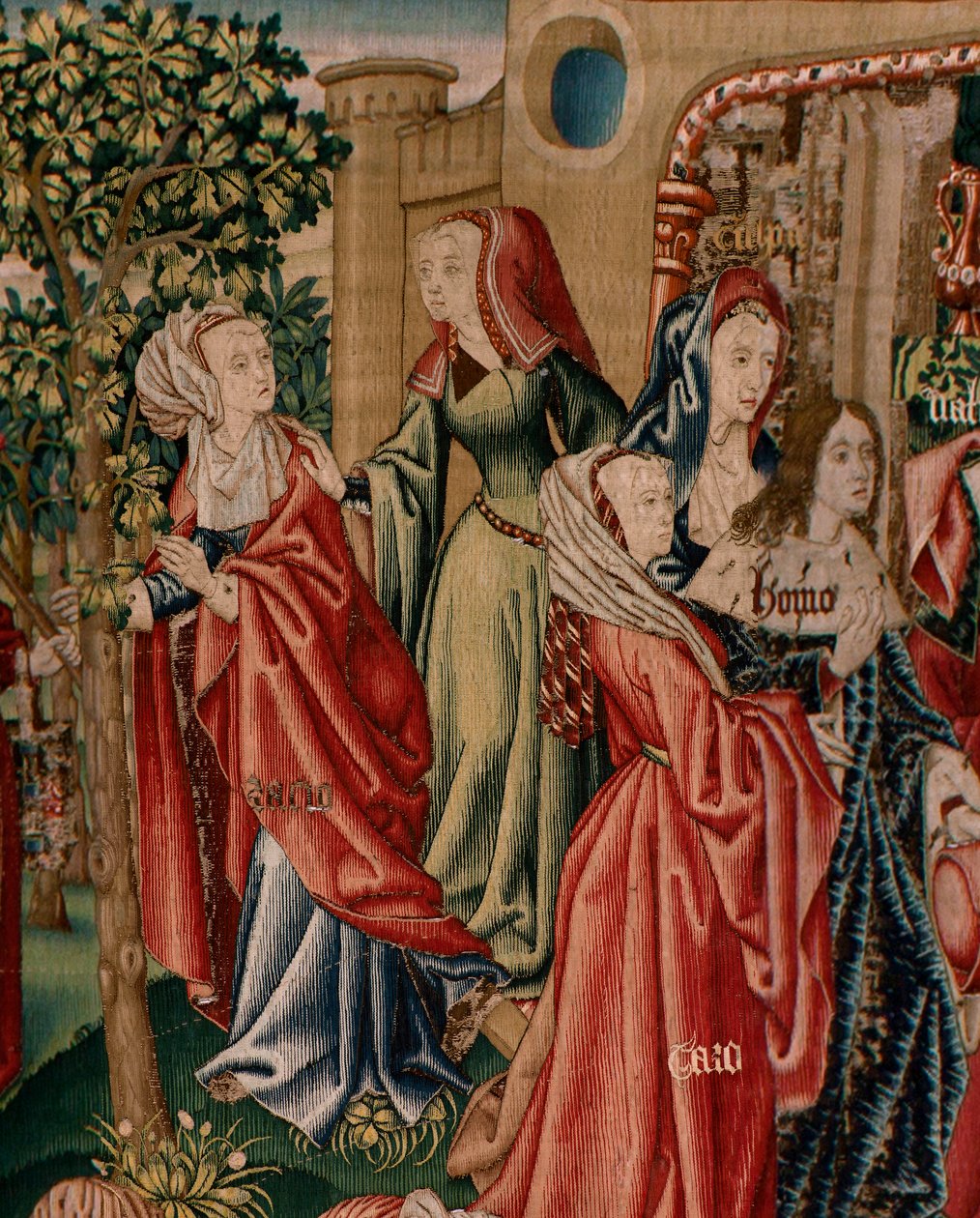 flamländsk gobeläng. Serien Human Redemption eller laster och dygder. Laster leder människan till synd (Los Vicios conducen al Hombre al pecado). Andra gobeläng i serien (den första av de som förvaras i Palencia. Bryssel tillverkning, verkstad. Ca 1510. St av Flemish School