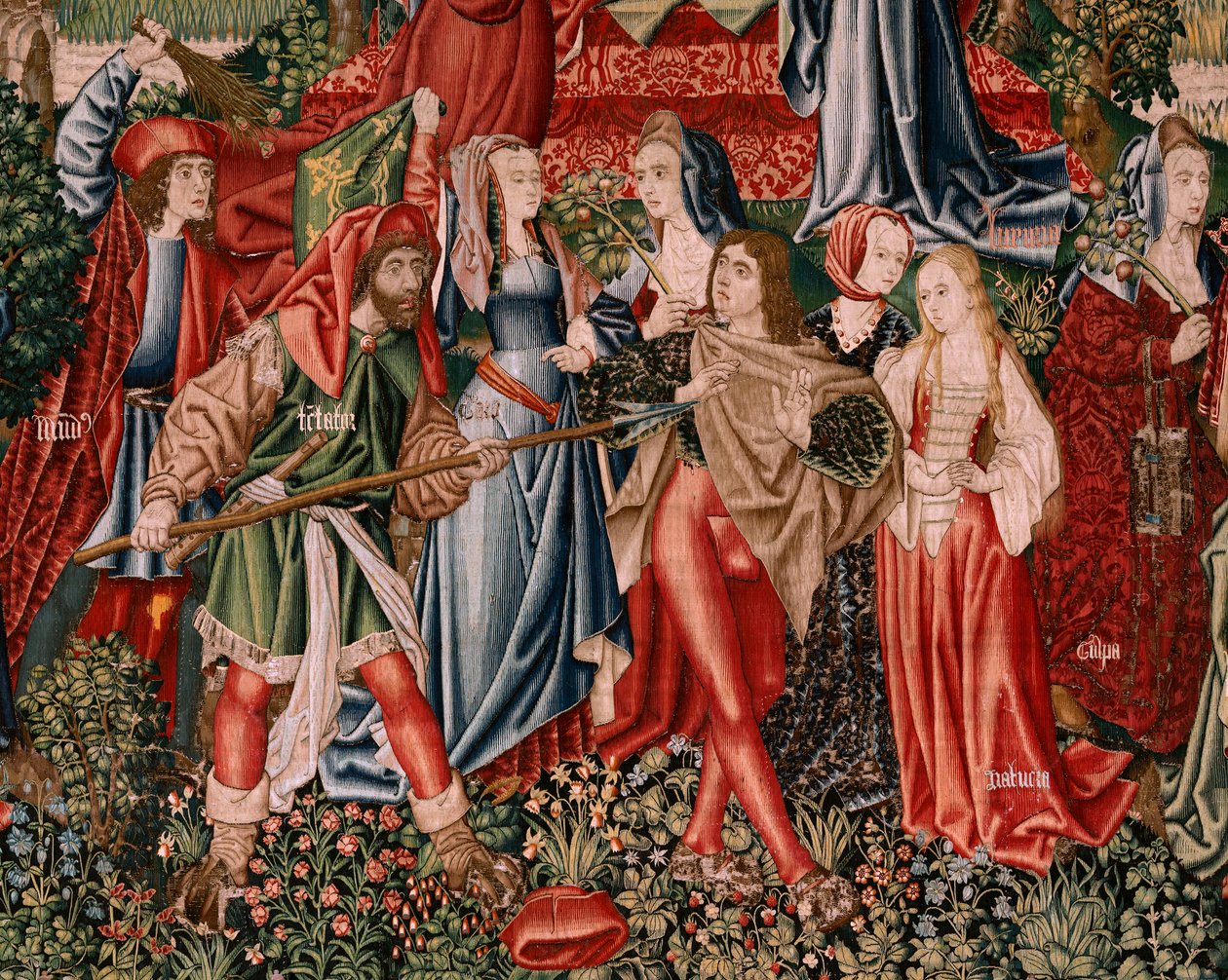 flamländsk gobeläng. Serien Human Redemption eller laster och dygder. Laster leder människan till synd (Los Vicios conducen al Hombre al pecado). Andra gobeläng i serien (den första av de som förvaras i Palencia. Bryssel tillverkning, verkstad. Ca 1510. St av Flemish School