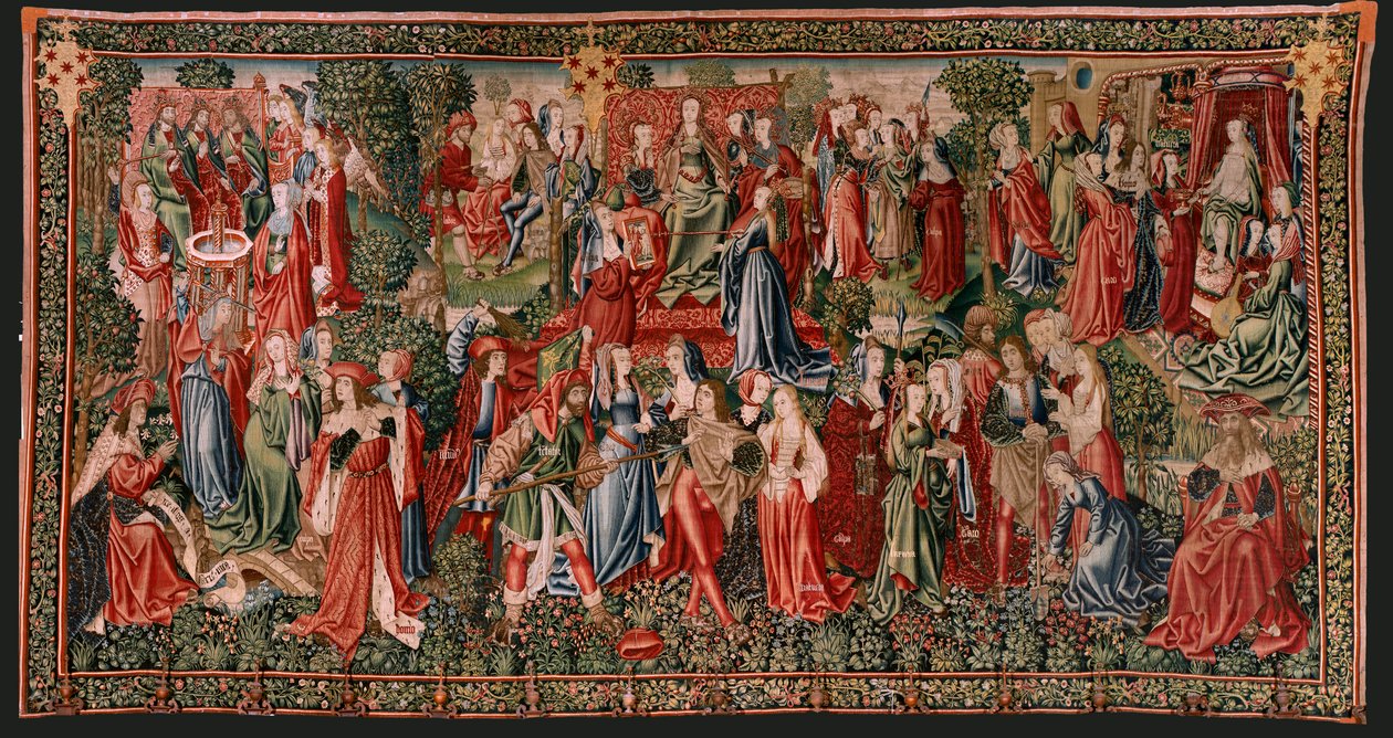 flamländsk gobeläng. Serien Human Redemption eller laster och dygder. Laster leder människan till synd (Los Vicios conducen al Hombre al pecado). Andra gobeläng i serien (den första av de som förvaras i Palencia. Bryssel tillverkning, verkstad. Ca 1510. St av Flemish School