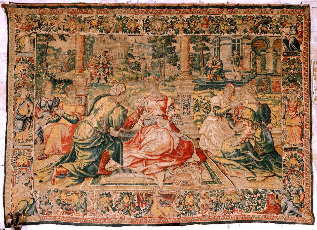 flamländsk gobeläng. Serien Mark Anthony och Cleopatra. Cleopatra och hennes hov (Cleopatra en su corte). Tecknad modell tillskriven Pieter Coecke van Aelst. Tillverkning Bryssel(?). Andra hälften av 1500-talet. Tyg Siden och ull. Storlek 310 x 435 cm. Urs av Flemish School