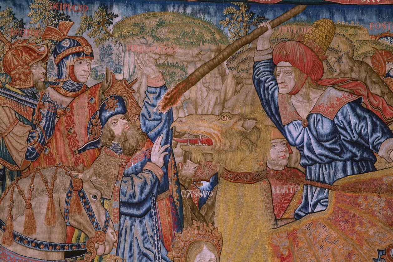 flamländsk gobeläng. Serien Moralities: The virtue of the honors (De deugd van de Honores, The Virtue of honors). Ca 1520. Detalj av Flemish School