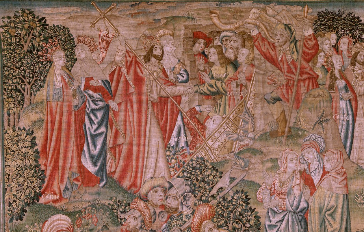 flamländsk gobeläng. Serien Redemption of Man eller laster och dygder. Kristi uppståndelse (Resurrección de Cristo). Åttonde gobeläng i serien (den första av de som förvaras i Burgos). Tillverkning Bryssel. Ca 1510. Tyg Siden och ull, 7 varp per cm. av Flemish School