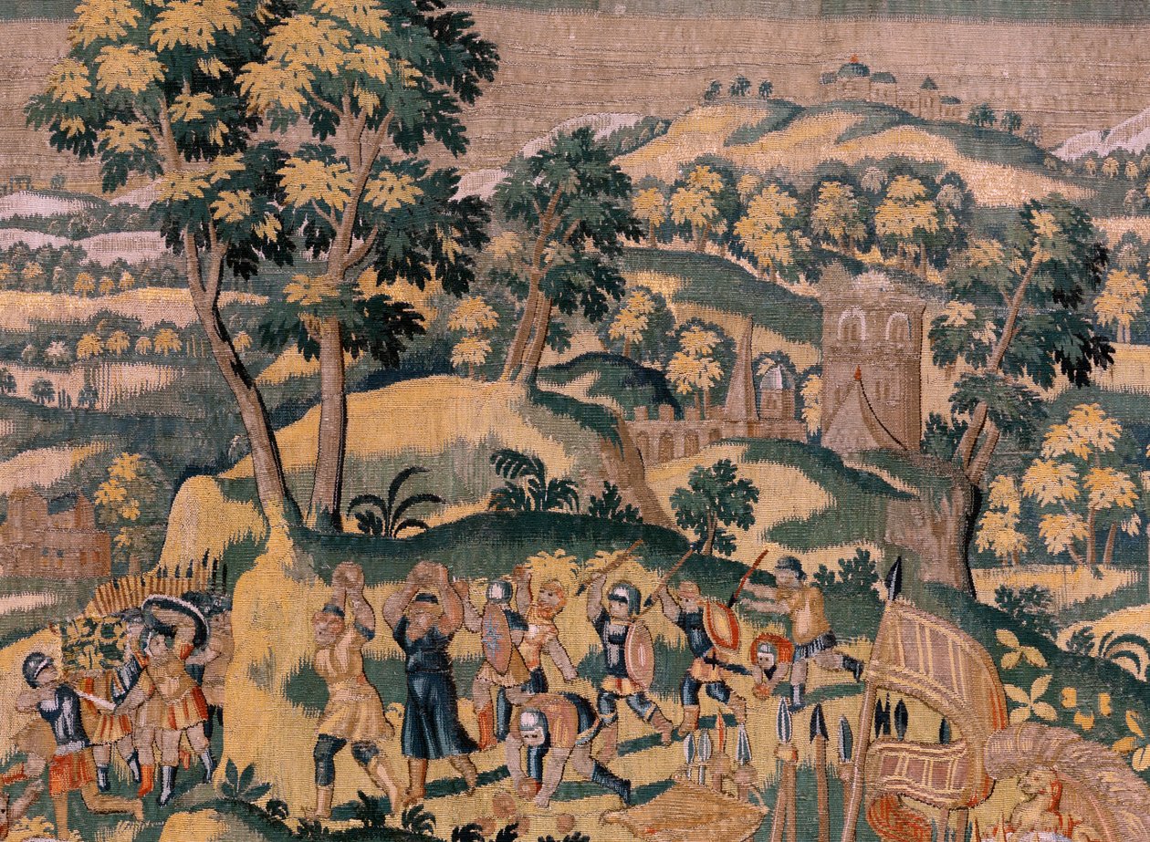 flamländsk gobeläng. Serien Story of Cyrus. No VI Tomyris beordrar Cyrus huvud att doppas i ett blodkärl (Tomiris manda sumergir la cabeza de Ciro en un recipiente lleno de sangre). Anonym, baserad på Michiel Coxcie. Atelier Antwerpen. Siden och woo av Flemish School