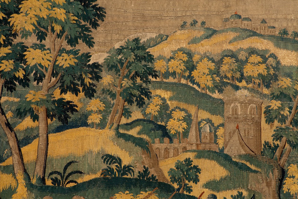 flamländsk gobeläng. Serien Story of Cyrus. No VI Tomyris beordrar Cyrus huvud att doppas i ett blodkärl (Tomiris manda sumergir la cabeza de Ciro en un recipiente lleno de sangre). Anonym, baserad på Michiel Coxcie. Atelier Antwerpen. Siden och woo av Flemish School