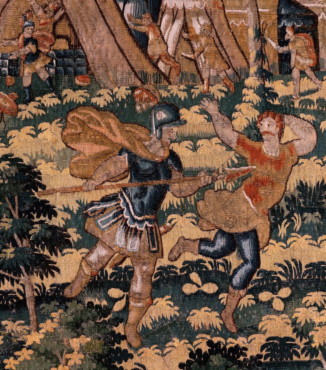 flamländsk gobeläng. Serien Story of Cyrus. No V Strid mellan två krigare och Cyrus död (Combate de dos guerreros y muerte de Ciro). Anonym, baserad på Michiel Coxcie. Atelier Antwerpen. Siden och ull. Omkring 1590. av Flemish School