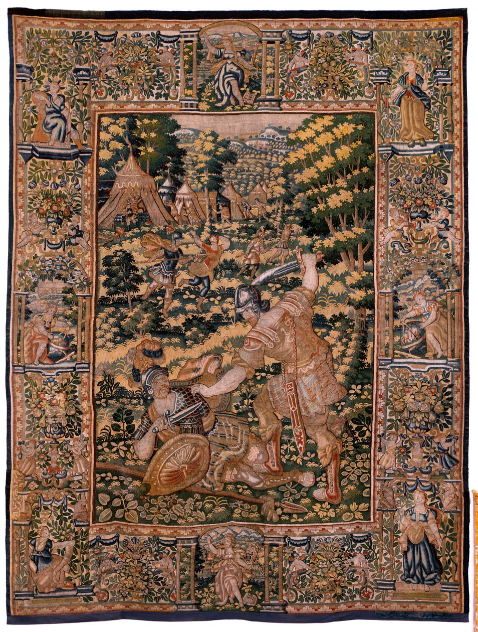 flamländsk gobeläng. Serien Story of Cyrus. No V Strid mellan två krigare och Cyrus död (Combate de dos guerreros y muerte de Ciro). Anonym, baserad på Michiel Coxcie. Atelier Antwerpen. Siden och ull. Omkring 1590. av Flemish School