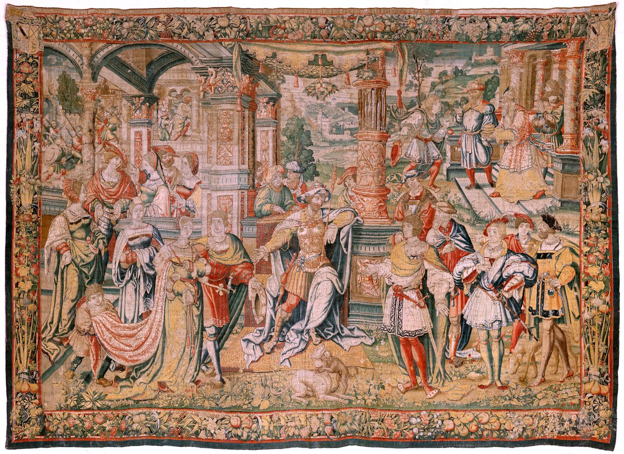 flamländsk gobeläng. Serien Story of David. David före Saul (David ante Saúl). Modell av Bernard van Orley. Tillverkning Bryssel. Ca1525. Tyg Siden och ull. Storlek 560 x 410 cm. Plats Burgos katedral. Ursprung Ett testamente till katedralen 1535 med kort av Flemish School