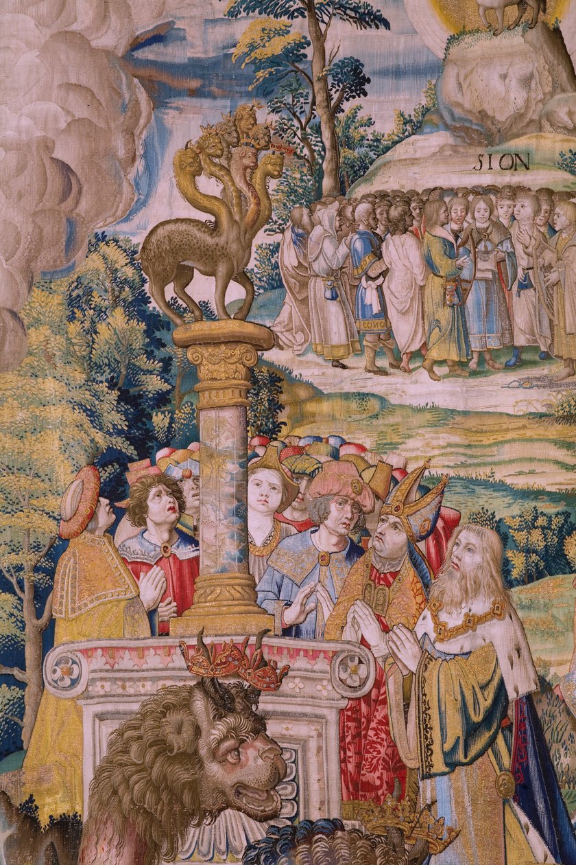 flamländsk gobeläng. Serien The Apocalypse: Saint Michael besegrar draken. Atelier Willem Dermoyen, Bryssel. Ca 1553-1555. Detalj. av Flemish School