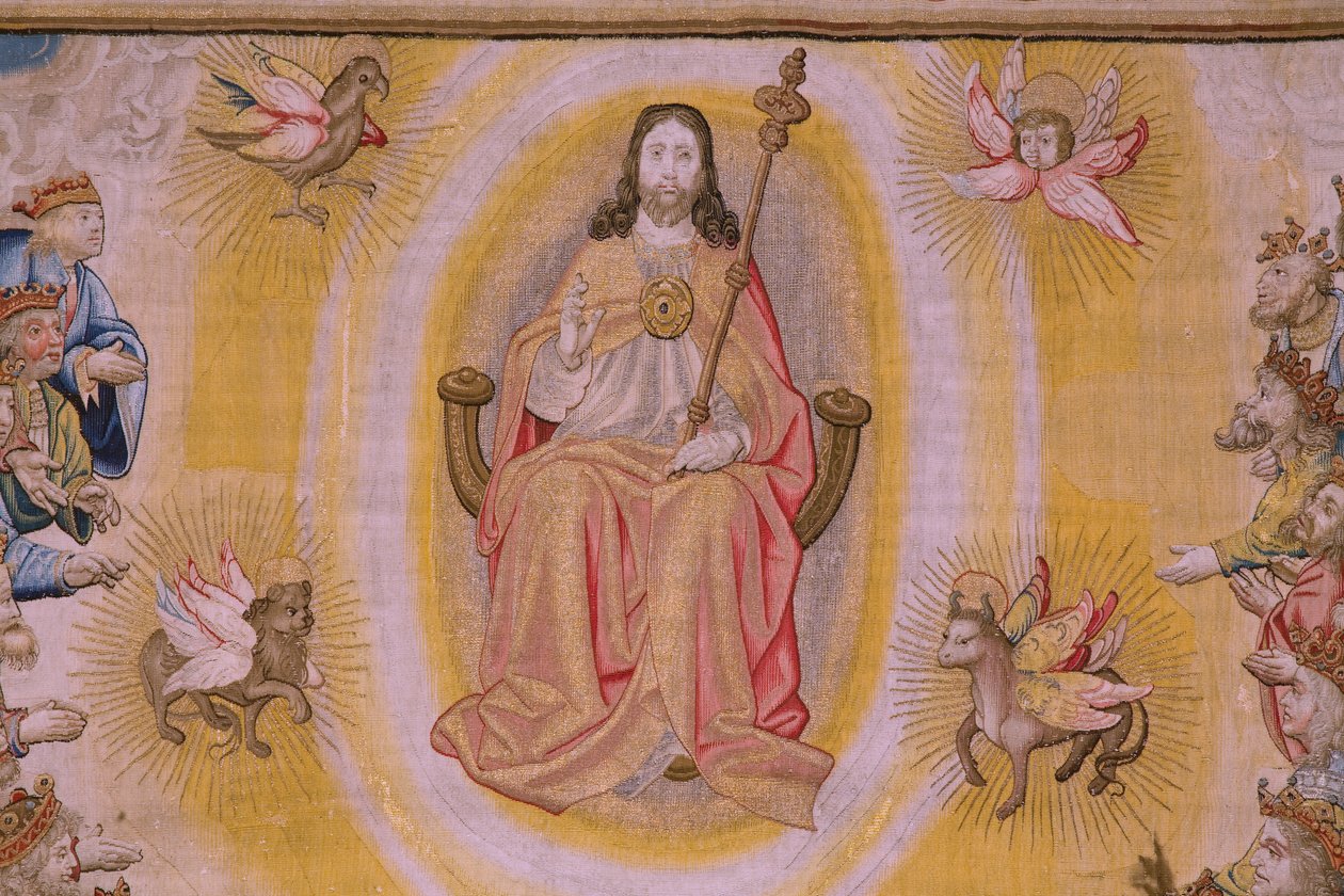 flamländsk gobeläng. Serien The Apocalypse: Saint Michael besegrar draken. Atelier Willem Dermoyen, Bryssel. Ca 1553-1555. Detalj. av Flemish School