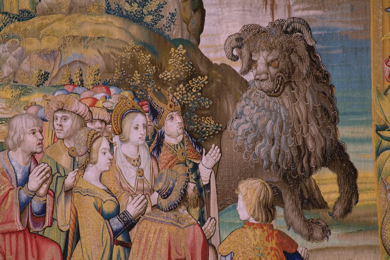 flamländsk gobeläng. Serien The Apocalypse: Saint Michael besegrar draken. Atelier Willem Dermoyen, Bryssel. Ca 1553-1555. Detalj. av Flemish School