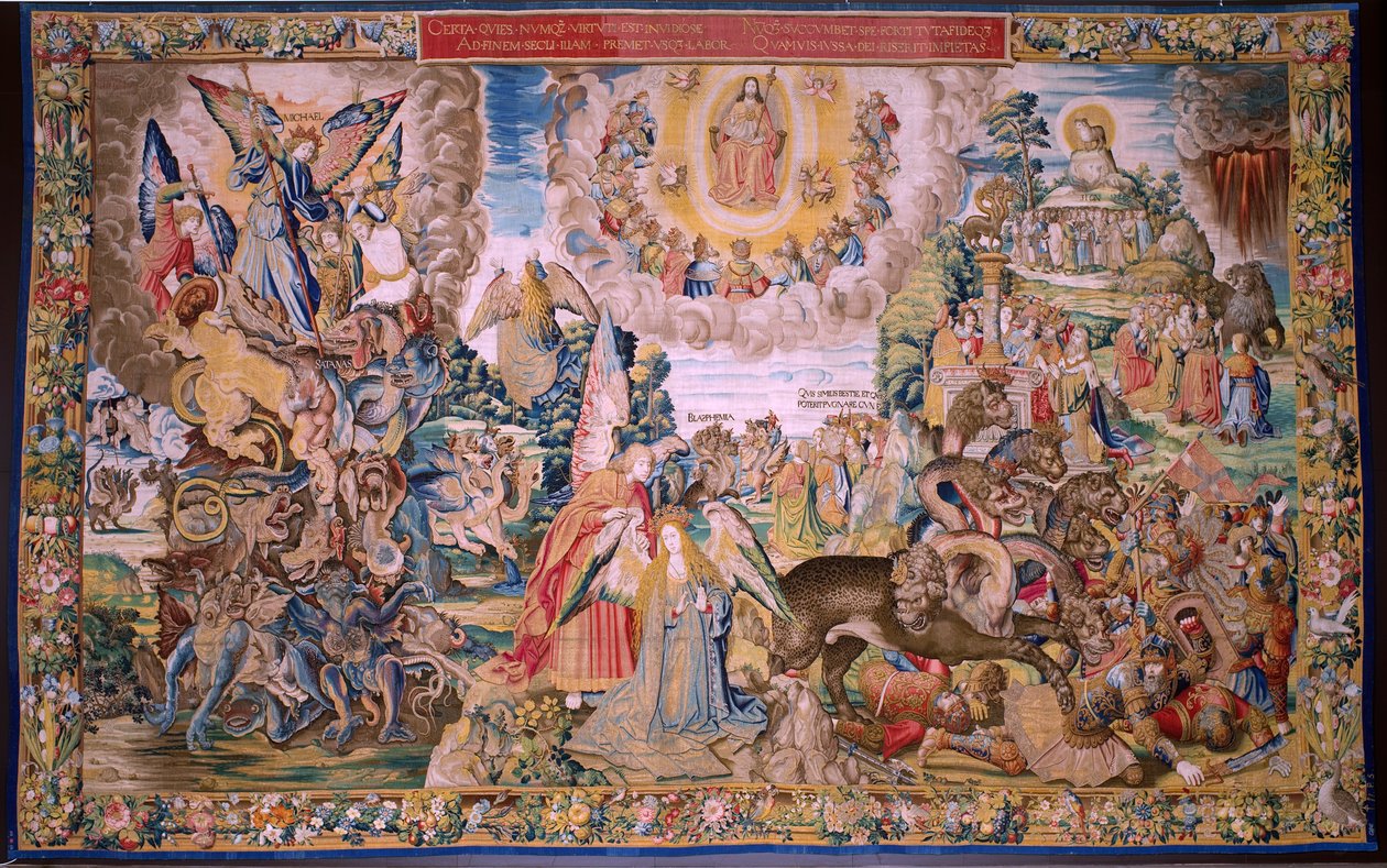 flamländsk gobeläng. Serien The Apocalypse: Saint Michael besegrar draken. Atelier Willem Dermoyen, Bryssel. Ca 1553-1555. av Flemish School