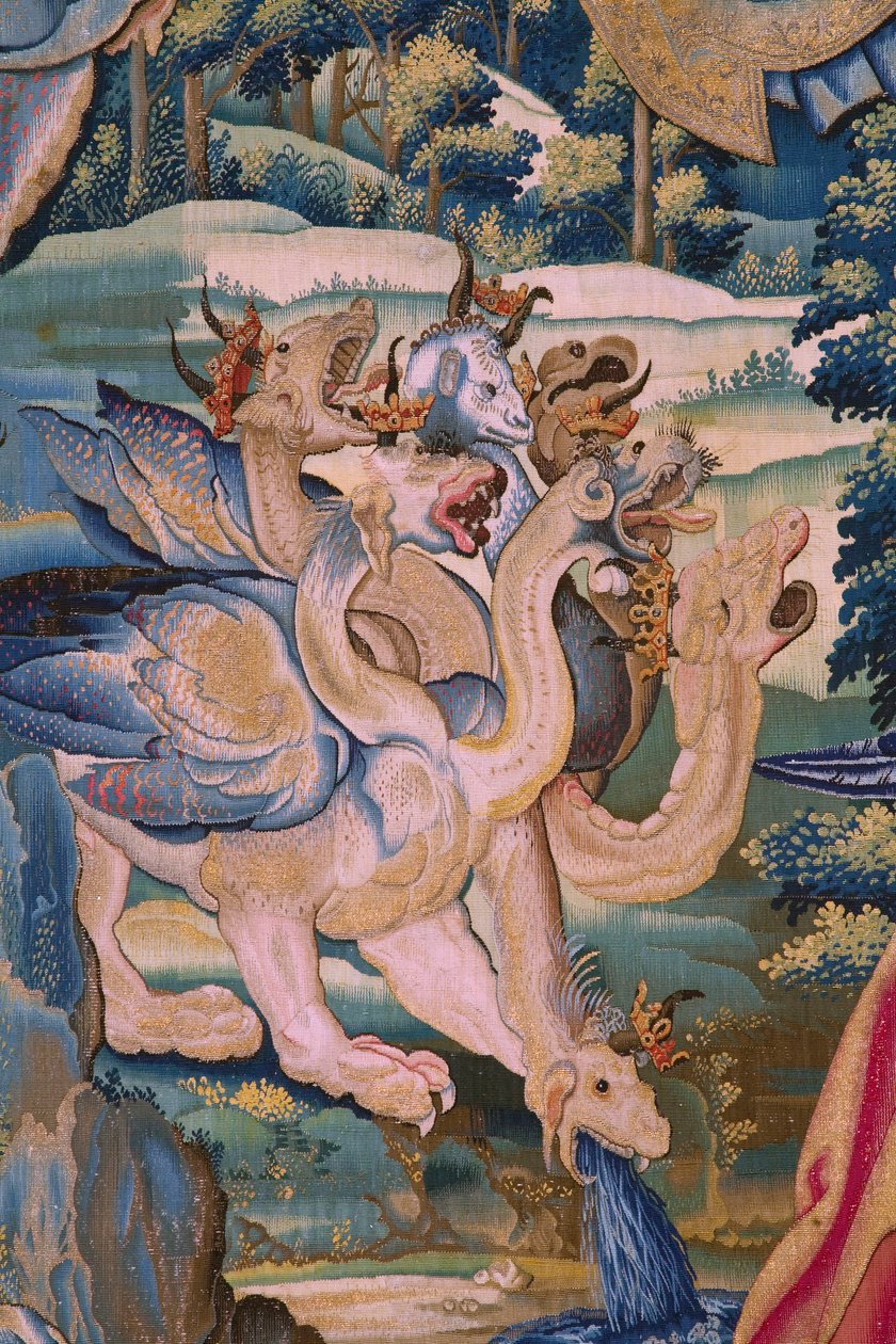 flamländsk gobeläng. Serien The Apocalypse: Saint Michael besegrar draken. Atelier Willem Dermoyen, Bryssel. Ca 1553-1555. Detalj. av Flemish School