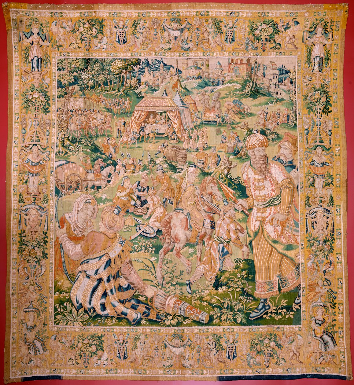 flamländsk gobeläng. Serie: The Book of Judith. Holofernes bankett (El banquete de Holofernes). Sjätte gobelängen i serien. Tillverkning: Nederländerna, Bryssel(?). Andra hälften av 1500-talet. Tyg: Ull. Plats: Church of Saint Nicholas of Bari (m av Flemish School