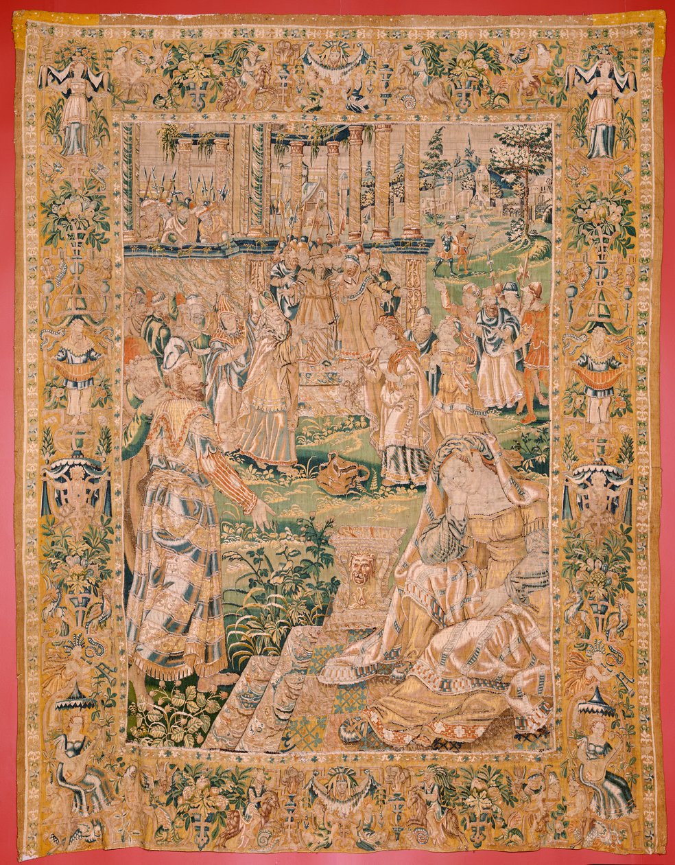 flamländsk gobeläng. Serien Judiths bok. Judith visar Holofernes huvud (Judith muestra la cabeza de Holofernes). Nionde gobeläng i serien. Tillverkning Nederländerna, Bryssel(?). Andra hälften av 1500-talet. Tyg Ull. Plats Church of Saint av Flemish School