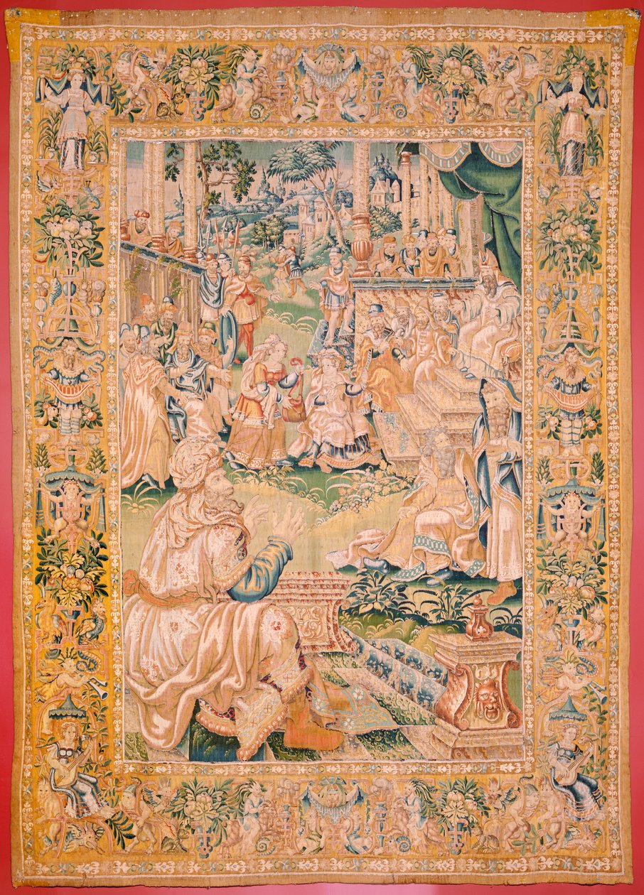 flamländsk gobeläng. Serien Judiths bok. Återvänd till Bethulia (Regreso a Betulia). Åttonde gobeläng i serien. Tillverkning Nederländerna, Bryssel(?). Andra hälften av 1500-talet. Tyg Ull. Plats Church of Saint Nicholas of Bari (museet öppnat av Flemish School