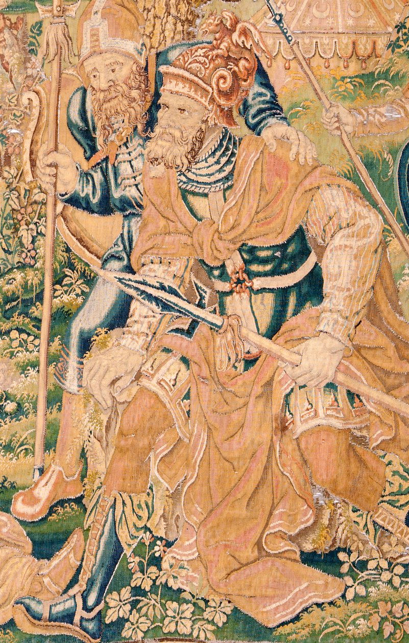 flamländsk gobeläng. Serien Judiths bok. Halshuggningen av Holofernes (La decapitación de Holofernes). Sjunde gobelängen i serien. Tillverkning Nederländerna, Bryssel(?). Andra hälften av 1500-talet. Tyg Ull. Plats Church of Saint Nicholas av Flemish School