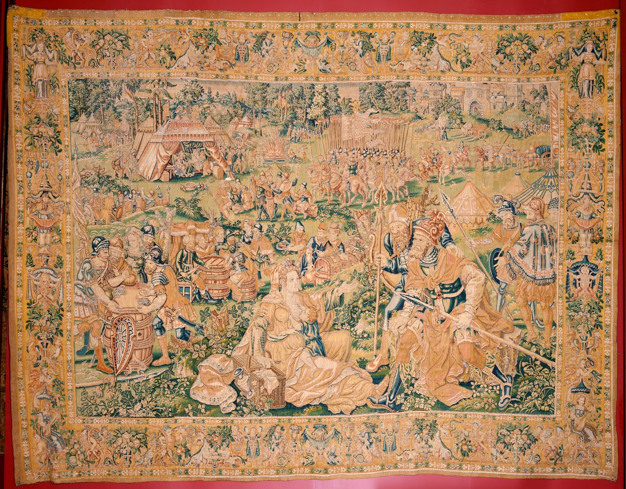 flamländsk gobeläng. Serien Judiths bok. Halshuggningen av Holofernes (La decapitación de Holofernes). Sjunde gobelängen i serien. Tillverkning Nederländerna, Bryssel(?). Andra hälften av 1500-talet. Tyg Ull. Plats Church of Saint Nicholas av Flemish School