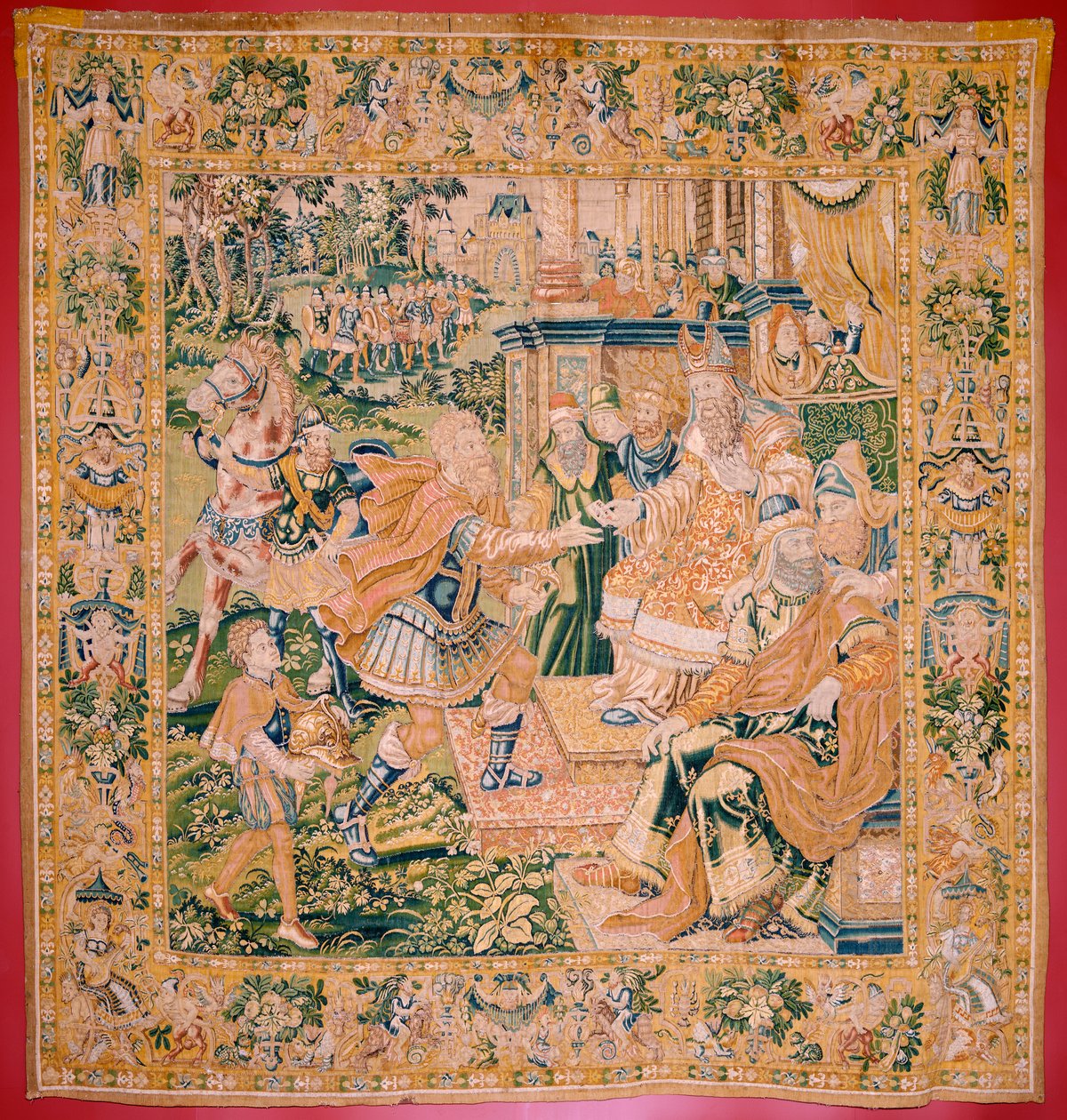 flamländsk gobeläng. Serien Judiths bok. Krig kommer till Juda (Llega la guerra a Judá). Fjärde gobelängen i serien. Tillverkning Nederländerna, Bryssel(?). Andra hälften av 1500-talet. Tyg Ull. Plats Church of Saint Nicholas of Bari (museum o av Flemish School