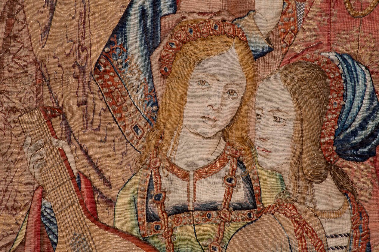 flamländsk gobeläng. Serien The History of David and Bathsheba.Profeten Nathan förkastar kung David (El profeta Natán reprende a David). Tredje panelen i serien. Anonym modell. Tillverkning okänd, Bryssel. 1505. Tyg Guld, siden och ull. av Flemish School