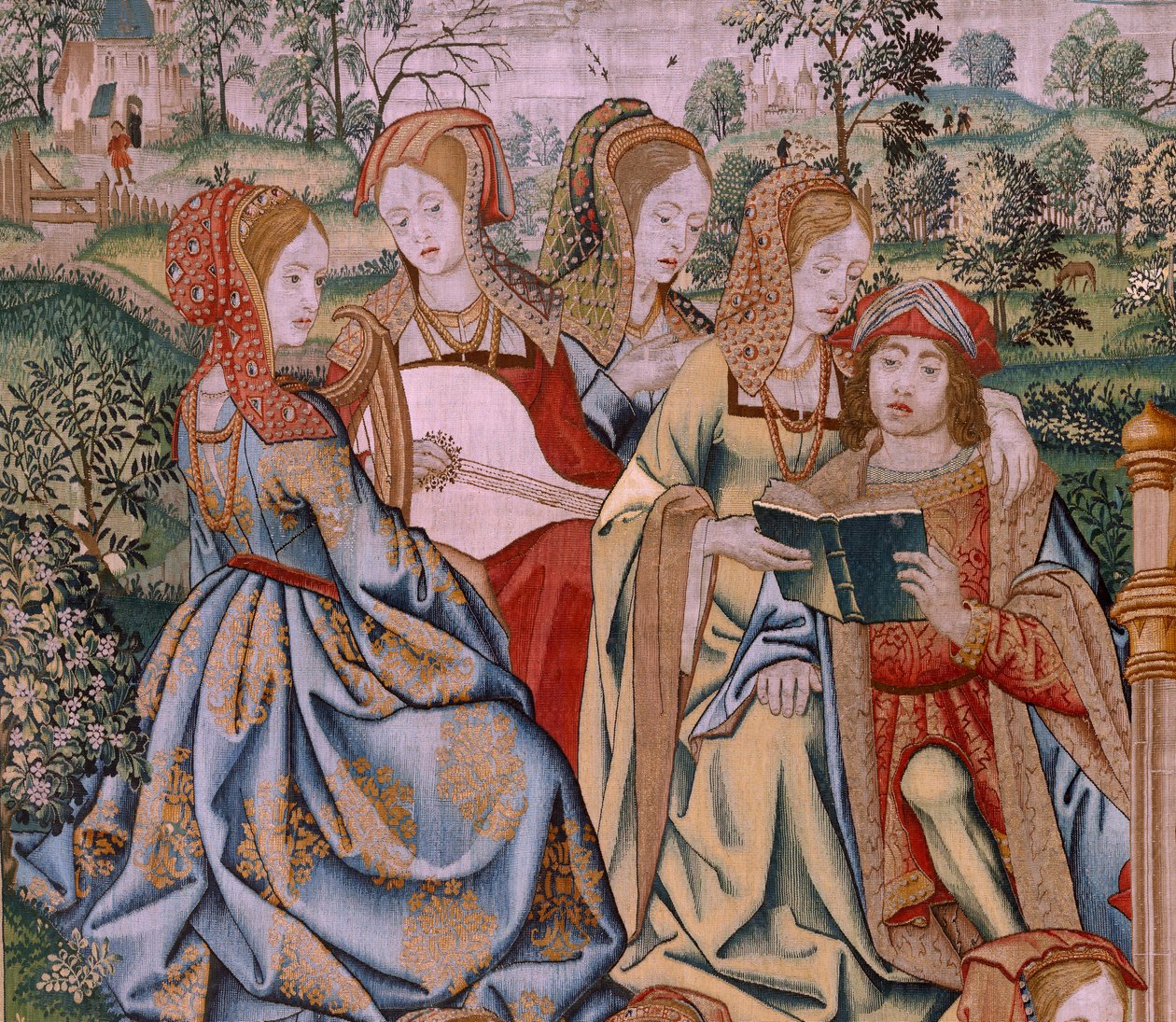 flamländsk gobeläng. Serien Davids och Batsebas historia. Bathseba vid hennes bad (Betsabé en el baño sorprendida por David). Första panelen i serien. Anonym modell. Tillverkning okänd, Bryssel av Flemish School