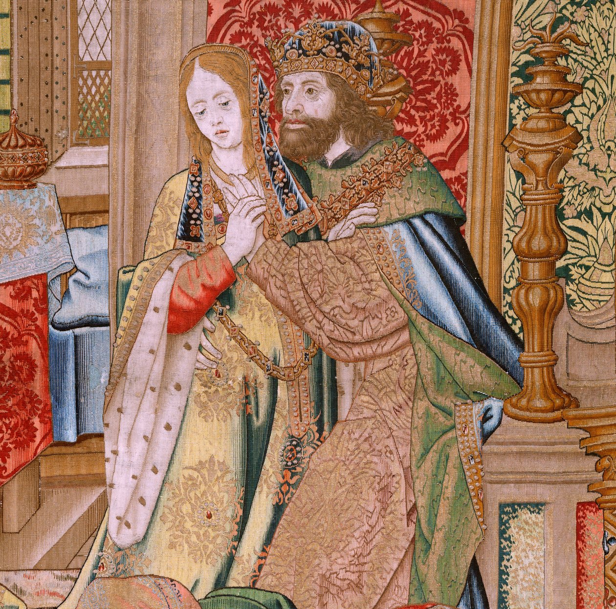 flamländsk gobeläng. Serien Davids och Batsebas historia. Davids och Batsebas äktenskap (Casamiento de David y Betsabé). Andra panelen i serien. Anonym modell. Tillverkning okänd, Bryssel. 1505. Tyg Guld, siden och ull. av Flemish School