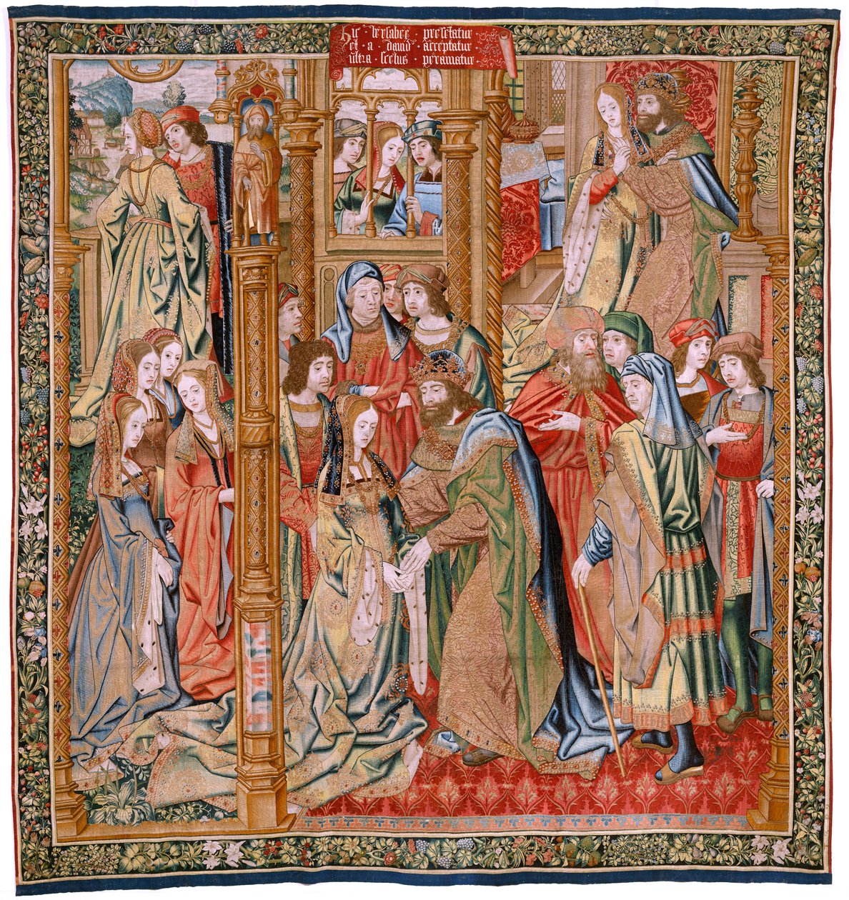 flamländsk gobeläng. Serien Davids och Batsebas historia. Davids och Batsebas äktenskap (Casamiento de David y Betsabé). Andra panelen i serien. Anonym modell. Tillverkning okänd, Bryssel. 1505. Tyg Guld, siden och ull. av Flemish School