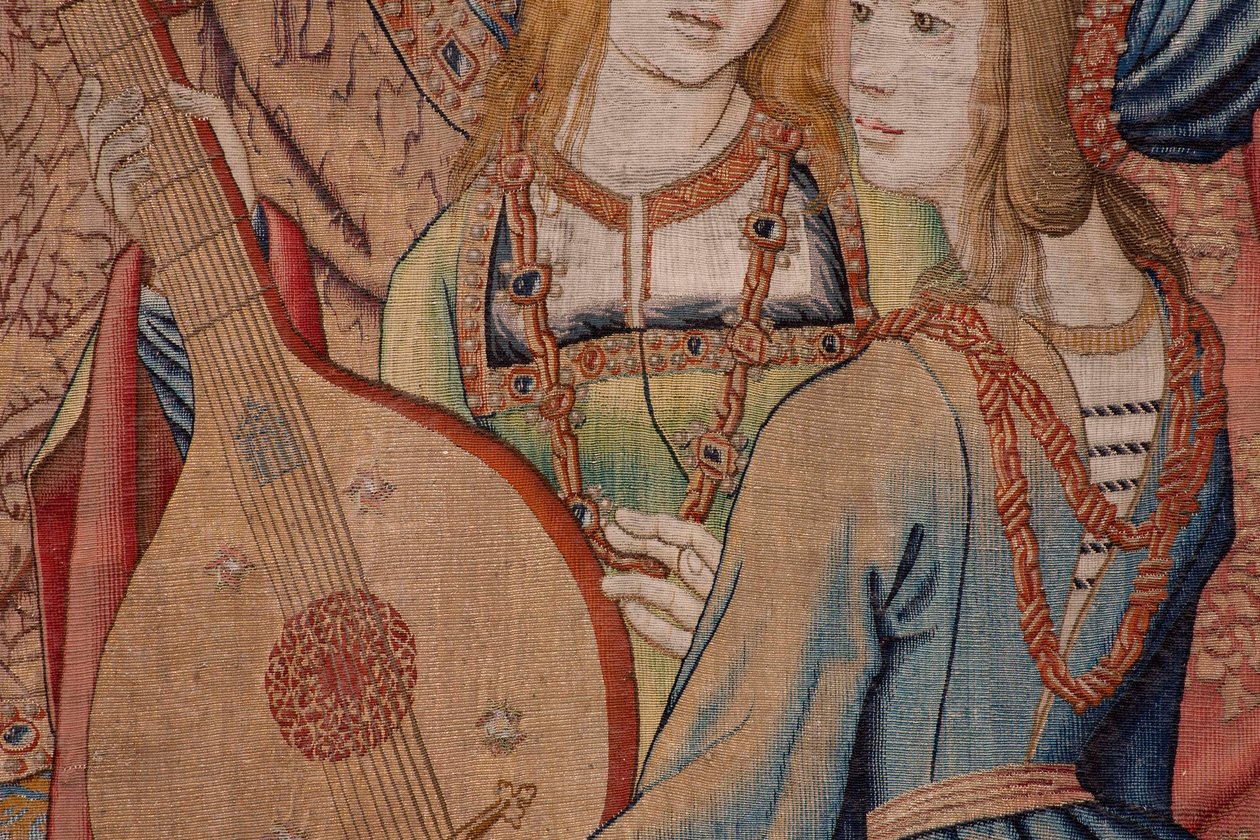flamländsk gobeläng. Serien Davids och Batsebas historia. Profeten Nathan förkastar kung David (El profeta Natán reprende a David). Tredje panelen i serien. Anonym modell. Tillverkning okänd, Bryssel. 1505. Tyg Guld, siden och ull. av Flemish School