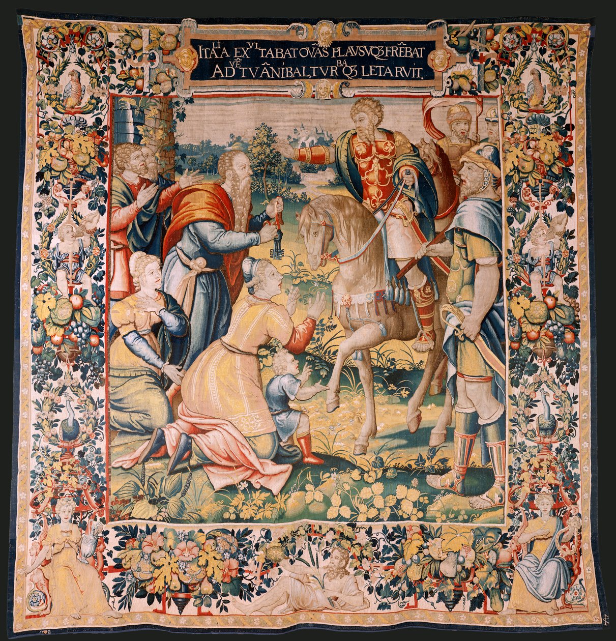 flamländsk gobeläng. Serien Hannibals historia. Hannibal i Italien (Aníbal en Italia). Tredje gobeläng av de bevarade. Modeller Anonym mästare i Nederländerna. Bryssel tillverkning, verkstad. Ca 1570. Tyg Ull och siden. 6,5/7 varp per cm. Storlek av Flemish School