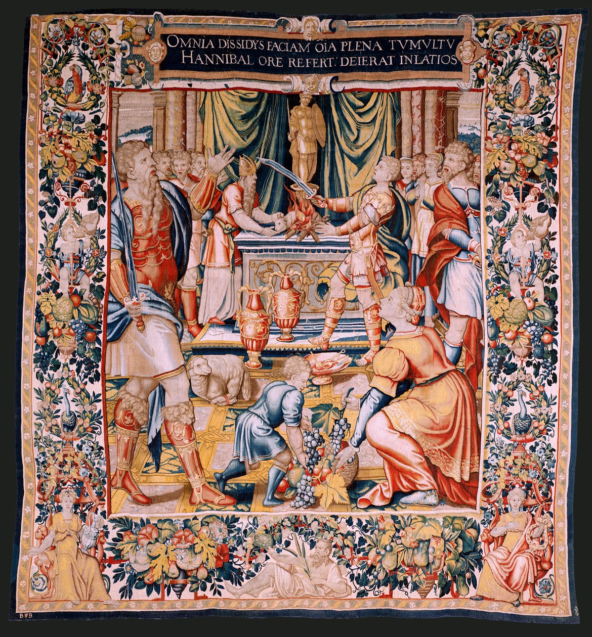 flamländsk gobeläng. Serien Hannibals historia. Hannibals ed (Juramento de Aníbal). Första gobelängen i serien. Tecknad film anonym mästare i Nederländerna. Bryssel tillverkning, verkstad. Ca 1570. Tyg Ull och siden, 6,5/7 varp per cm. Storlek 34 av Flemish School