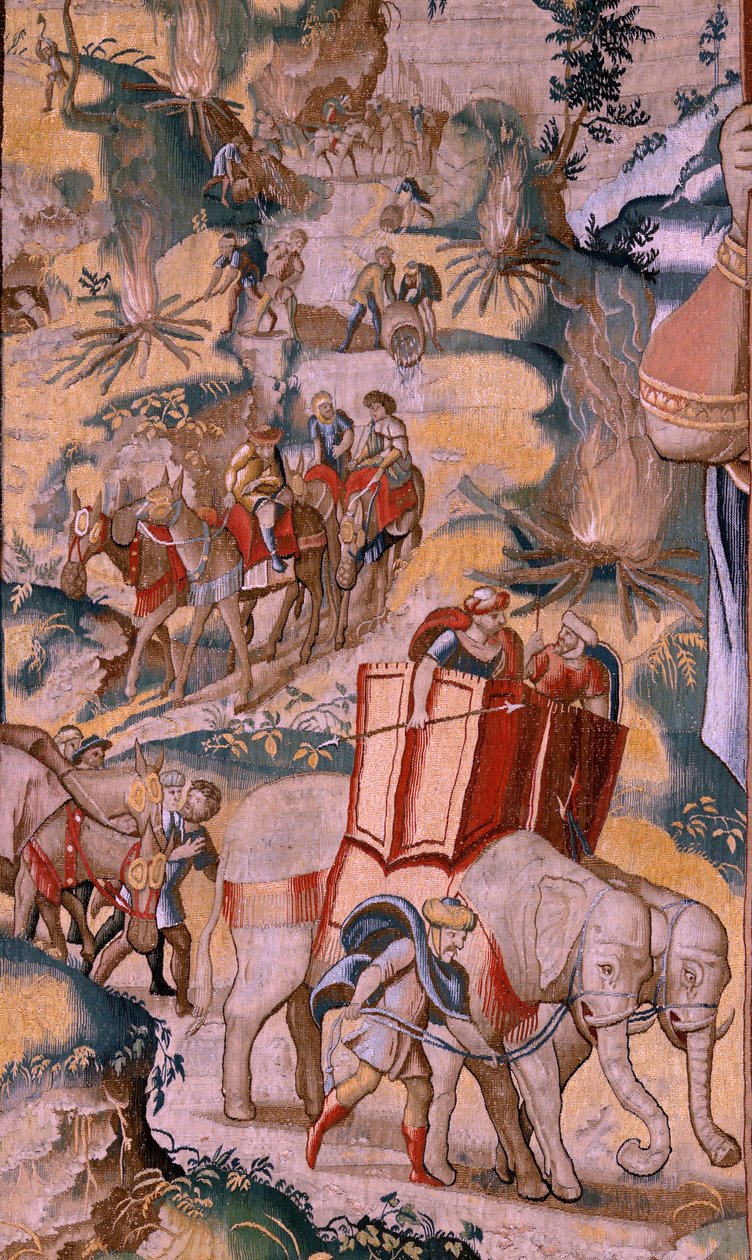 flamländsk gobeläng. Serien Hannibals historia. Korsningen av Alperna (Paso de los Alpes). Andra gobeläng av de bevarade. Modeller Anonym mästare i Nederländerna. Bryssel tillverkning, verkstad. Ca 1570. Tyg Ull och siden, 6,5/7 varp pr av Flemish School