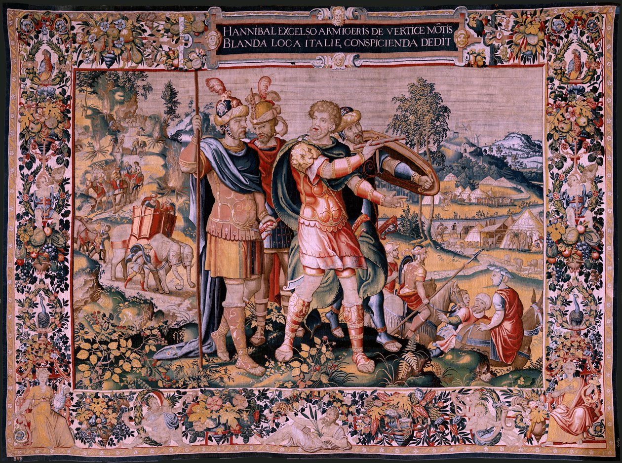 flamländsk gobeläng. Serien Hannibals historia. Korsningen av Alperna (Paso de los Alpes). Andra gobeläng av de bevarade. Modeller Anonym mästare i Nederländerna. Bryssel tillverkning, verkstad. Ca 1570. Tyg Ull och siden, 6,5/7 varp pr av Flemish School